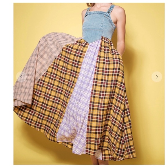 Boho Denim Multi Fabric Pleated Suspender Dress - Picture 5 of 5